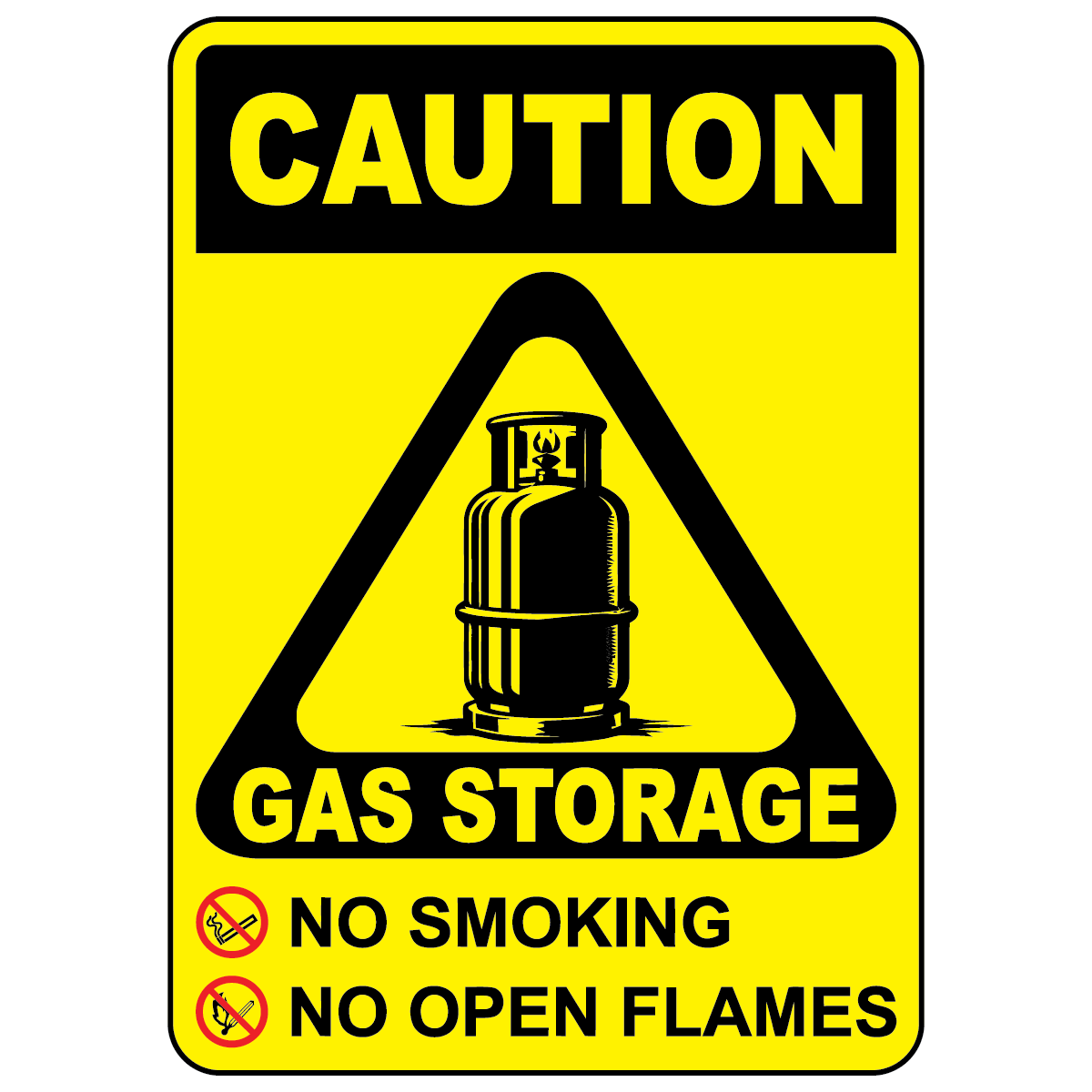 Caution gas storage sign with gas tank symbol warning no smoking and no open flames