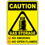 Caution gas storage sign with gas tank symbol warning no smoking and no open flames