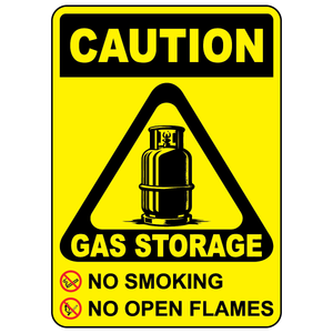 Caution gas storage sign with gas tank symbol warning no smoking and no open flames