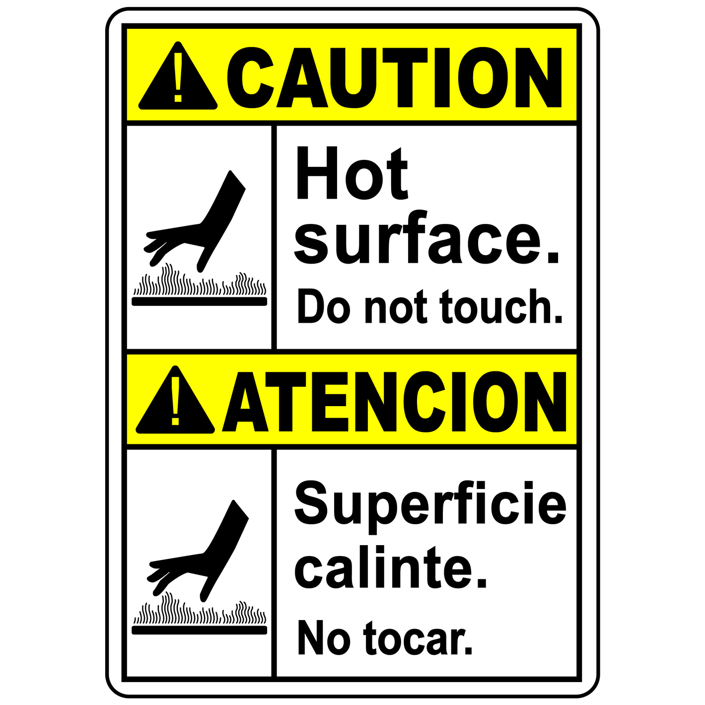 Bilingual caution hot surface label for burn hazard
