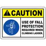 Caution fall protection required when climbing ladder safety harness symbol sign