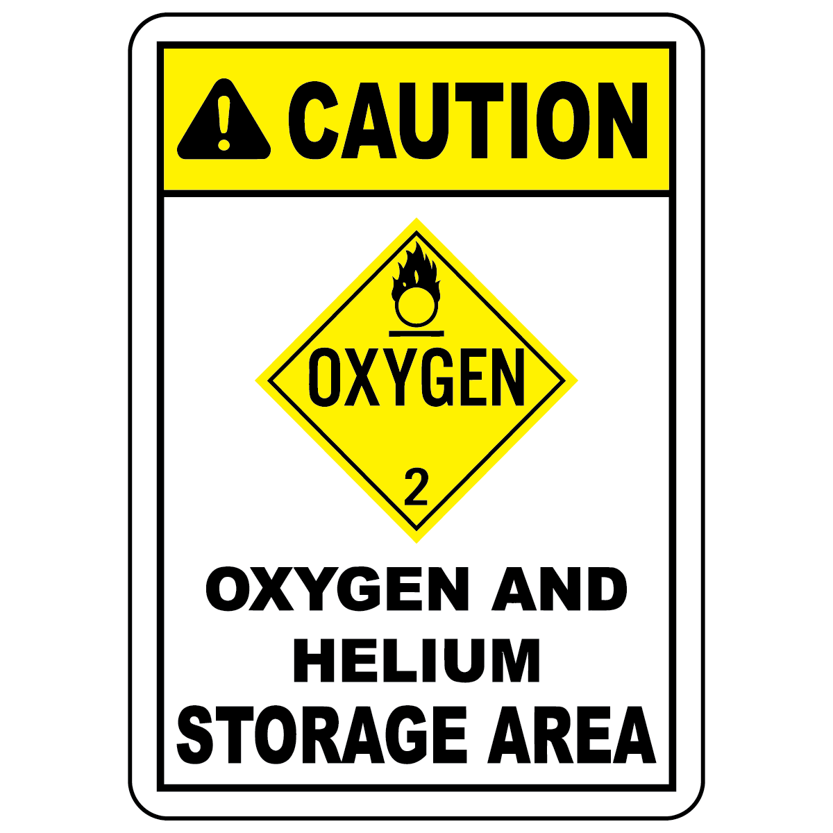 Caution oxygen and helium storage sign with DOT oxidizing symbol for workplace safety