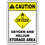 Caution oxygen and helium storage sign with DOT oxidizing symbol for workplace safety