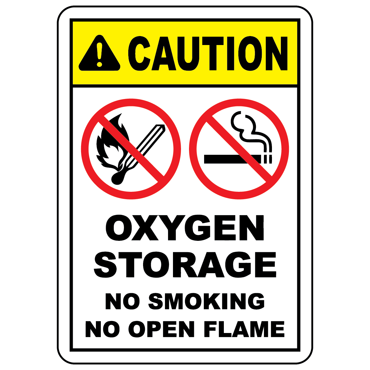 Caution oxygen storage sign with no smoking and no open flames symbols for safety