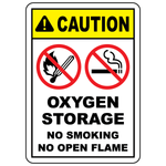 Caution oxygen storage sign with no smoking and no open flames symbols for safety