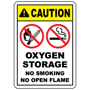 Caution oxygen storage sign with no smoking and no open flames symbols for safety