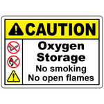 Caution oxygen storage sign with no smoking and no open flames safety symbols