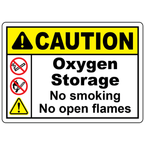 Caution oxygen storage sign with no smoking and no open flames safety symbols