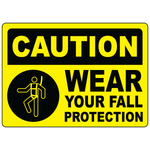 Caution wear fall protection sign with mandatory safety harness symbol
