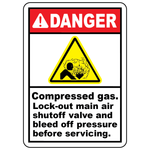 Compressed gas lock-out polyester label with explosion hazard symbol for equipment servicing safety