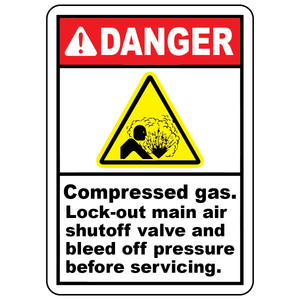 Compressed gas lock-out polyester label with explosion hazard symbol for equipment servicing safety