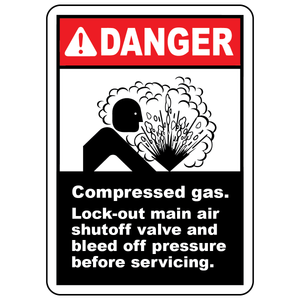 Compressed gas lock-out polyester label with explosion hazard symbol for servicing safety