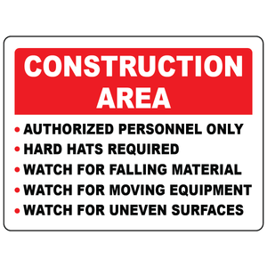 Construction area rules OSHA sign with hard hat and hazard warnings
