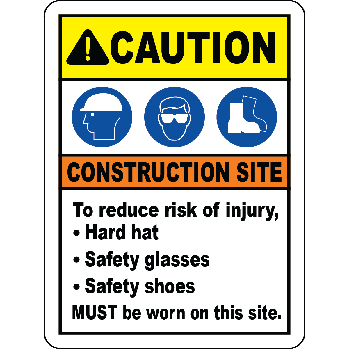 Construction PPE hard hat glasses safety shoes sign