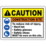 Construction PPE hard hat glasses safety shoes sign