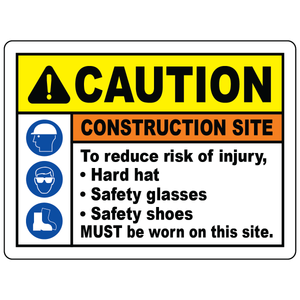 Construction PPE hard hat glasses safety shoes sign