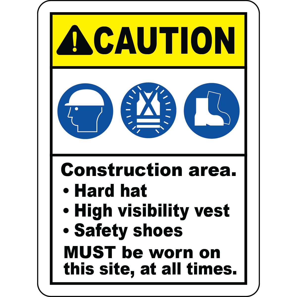Caution construction PPE hard hat vest safety shoes sign