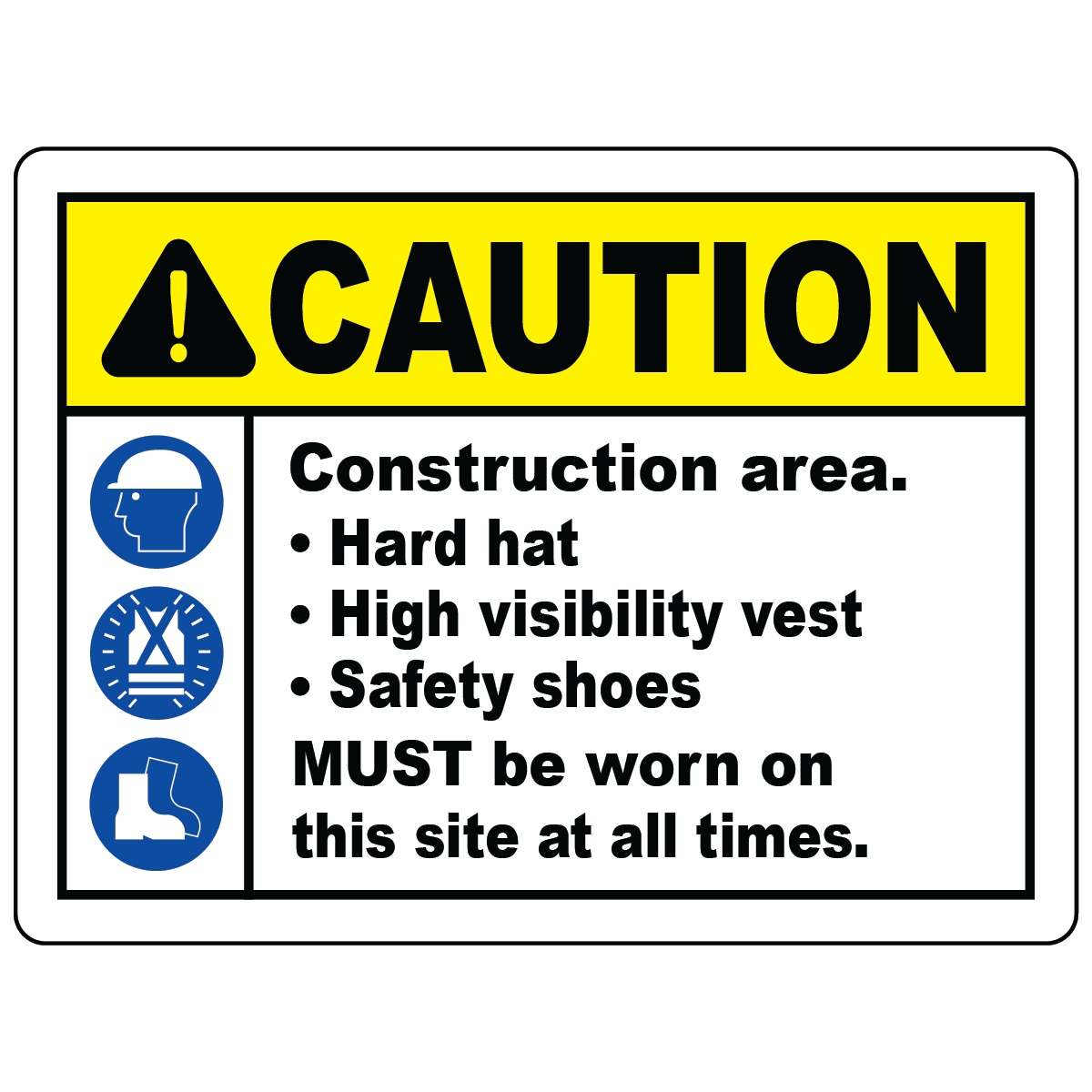 Construction area PPE hard hat vest safety shoes sign