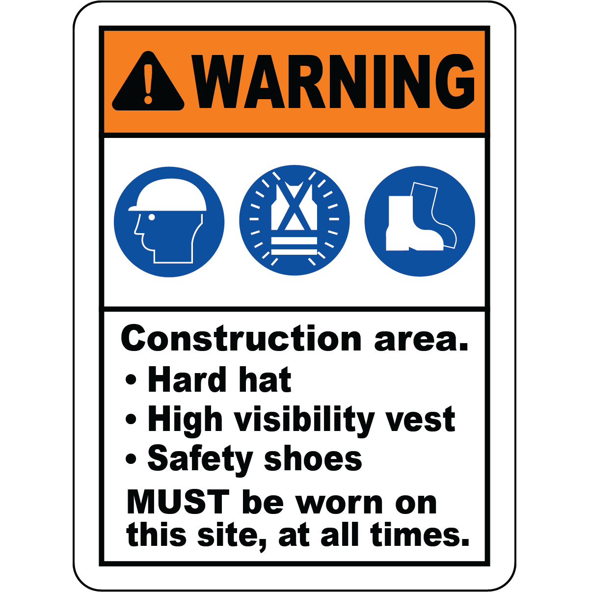 Construction area PPE hard hat vest safety shoes sign