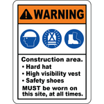 Construction area PPE hard hat vest safety shoes sign