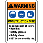 Construction site PPE hard hat glasses shoes sign