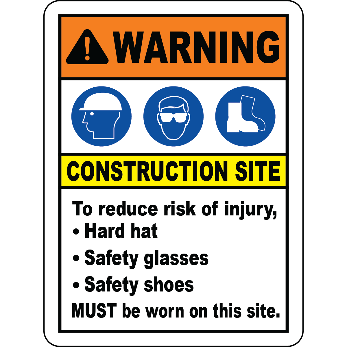 Construction site PPE hard hat glasses shoes sign