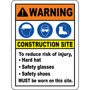 Construction site PPE hard hat glasses shoes sign