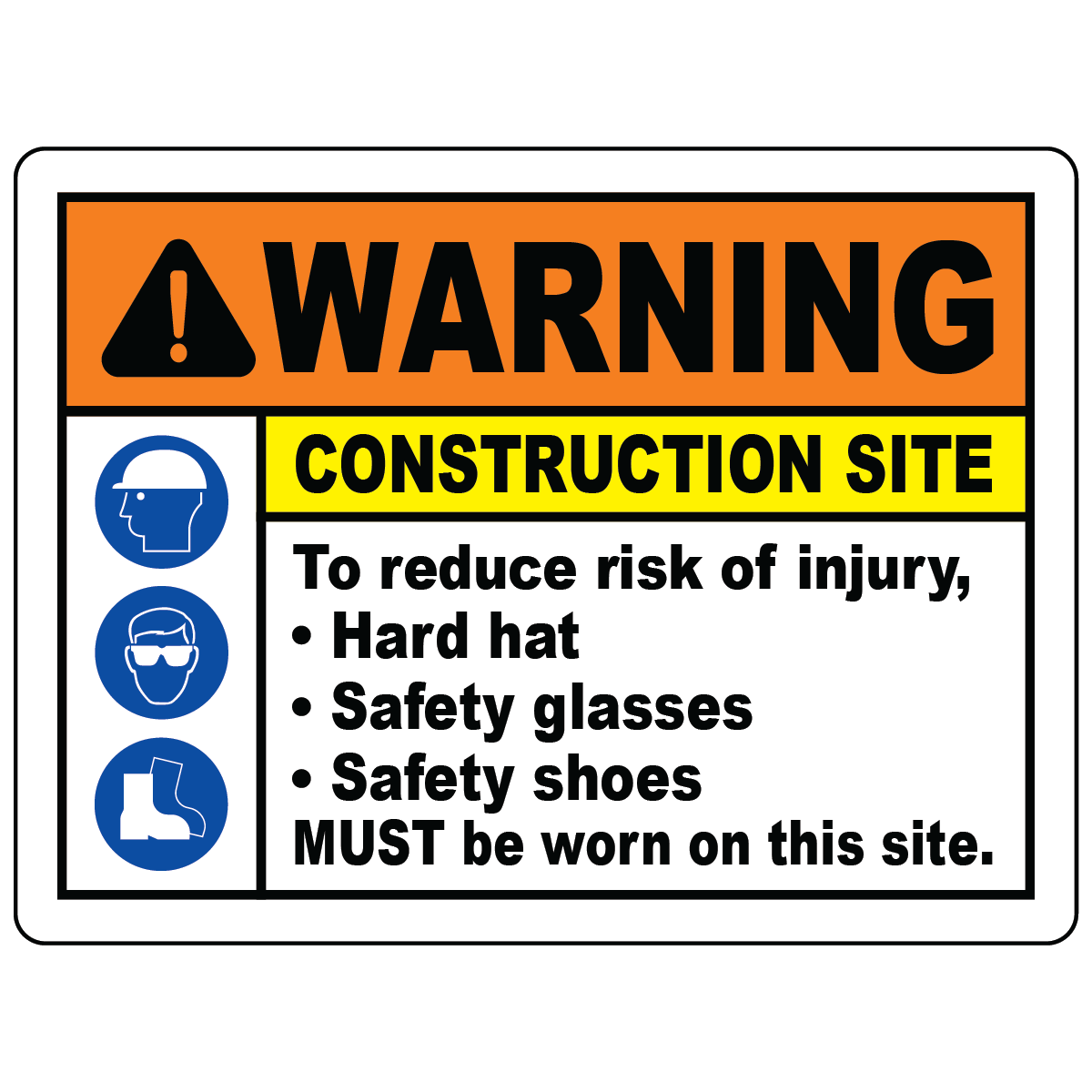 Construction PPE hard hat glasses shoes warning sign