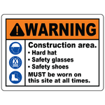 Construction area PPE hard hat vest safety shoes sign