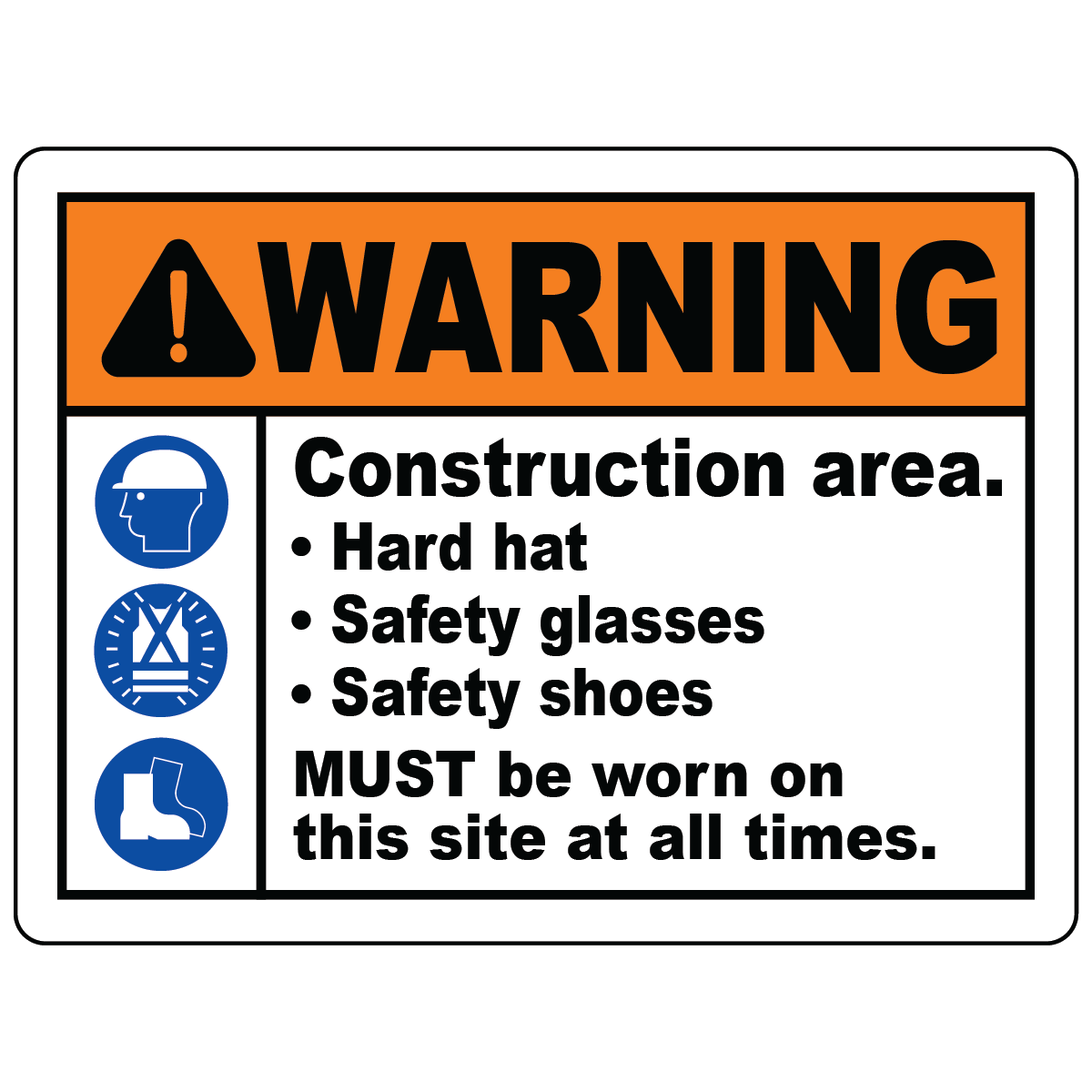 Construction area PPE hard hat vest safety shoes sign