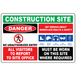 Construction site safety banner with PPE symbols and multi hazard warnings