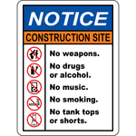 Construction site no weapons drugs smoking rules sign