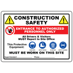 Construction site safety sign with PPE and visitor reporting requirements