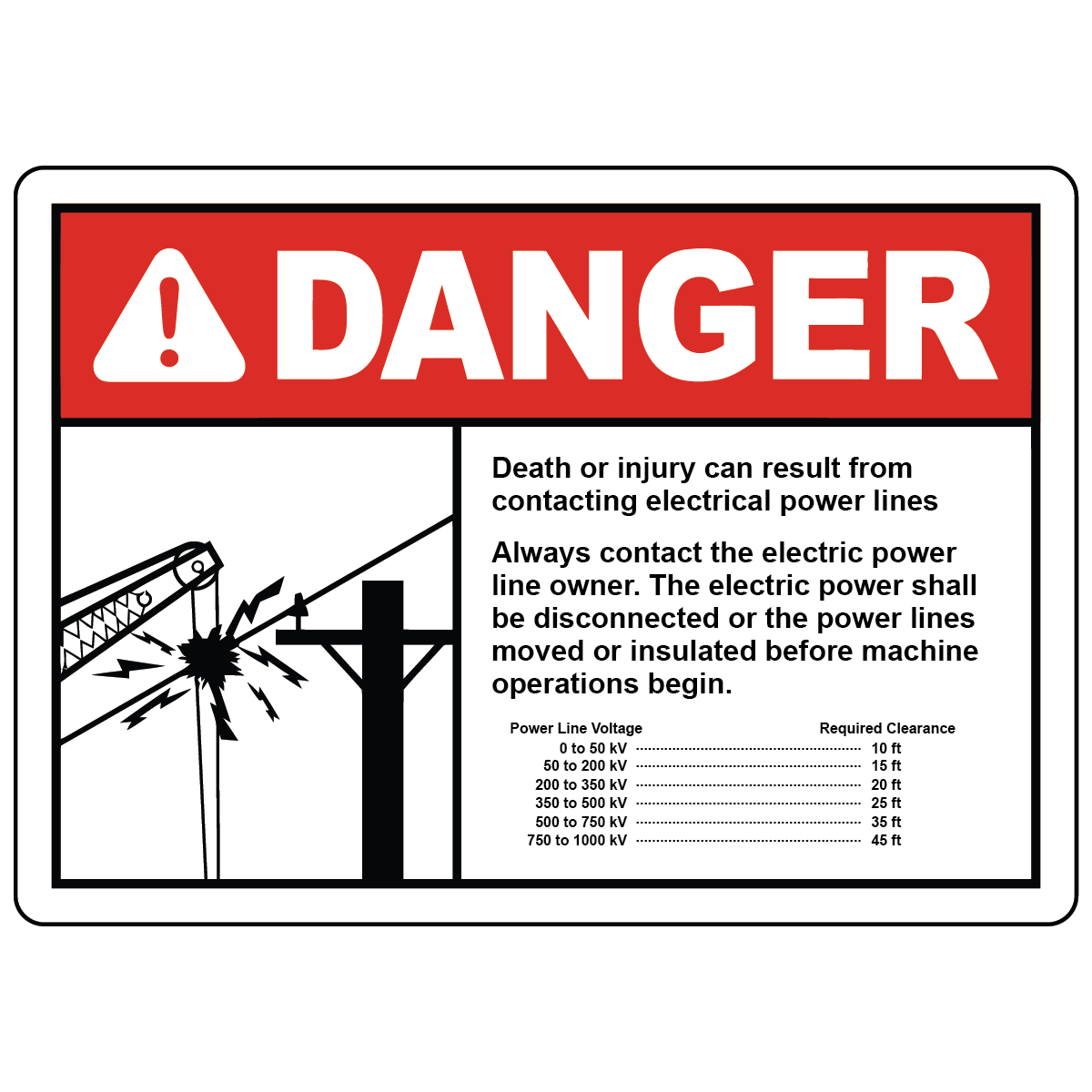 Danger contact power line owner electrical clearance safety sign