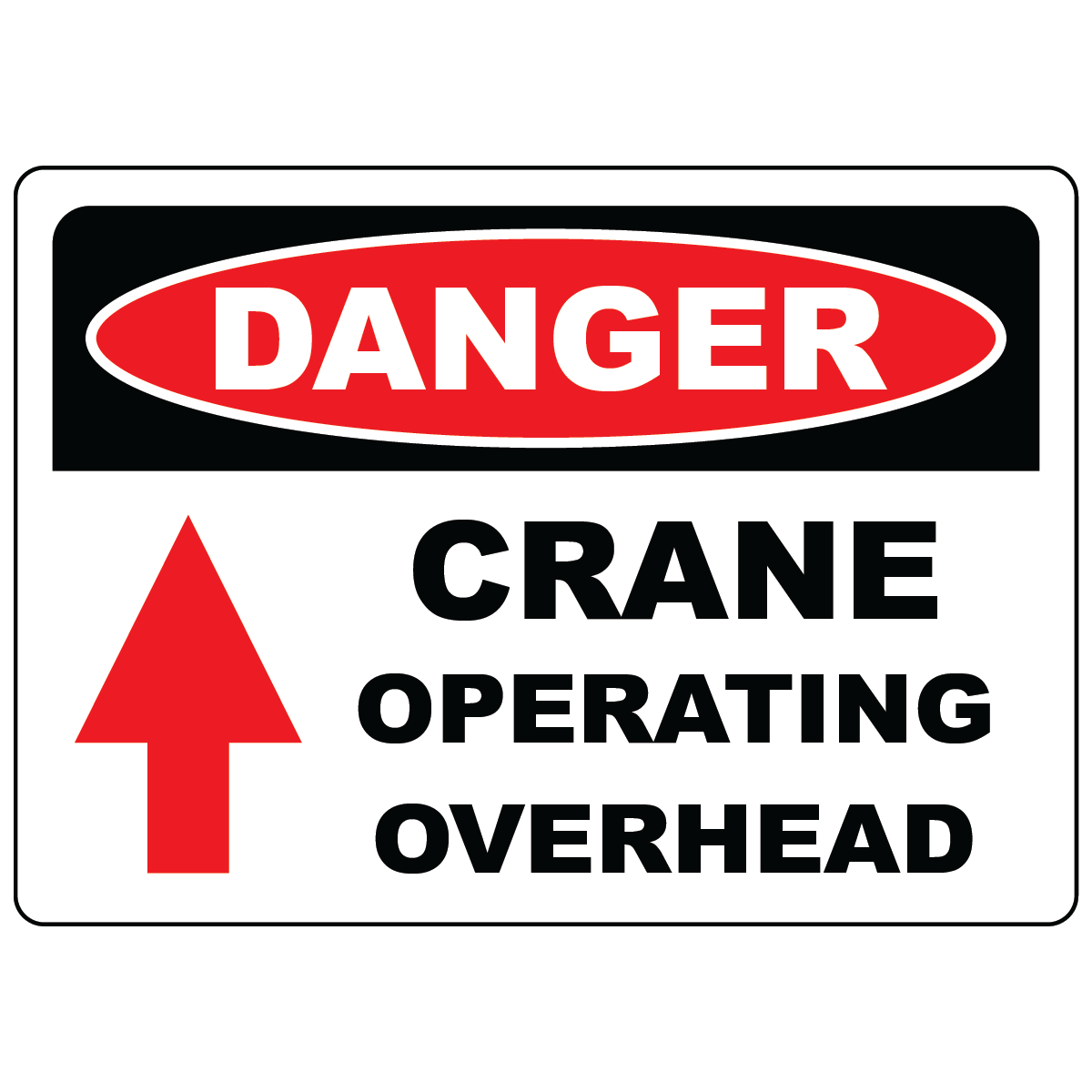 Danger crane operating overhead sign warning of suspended load hazards