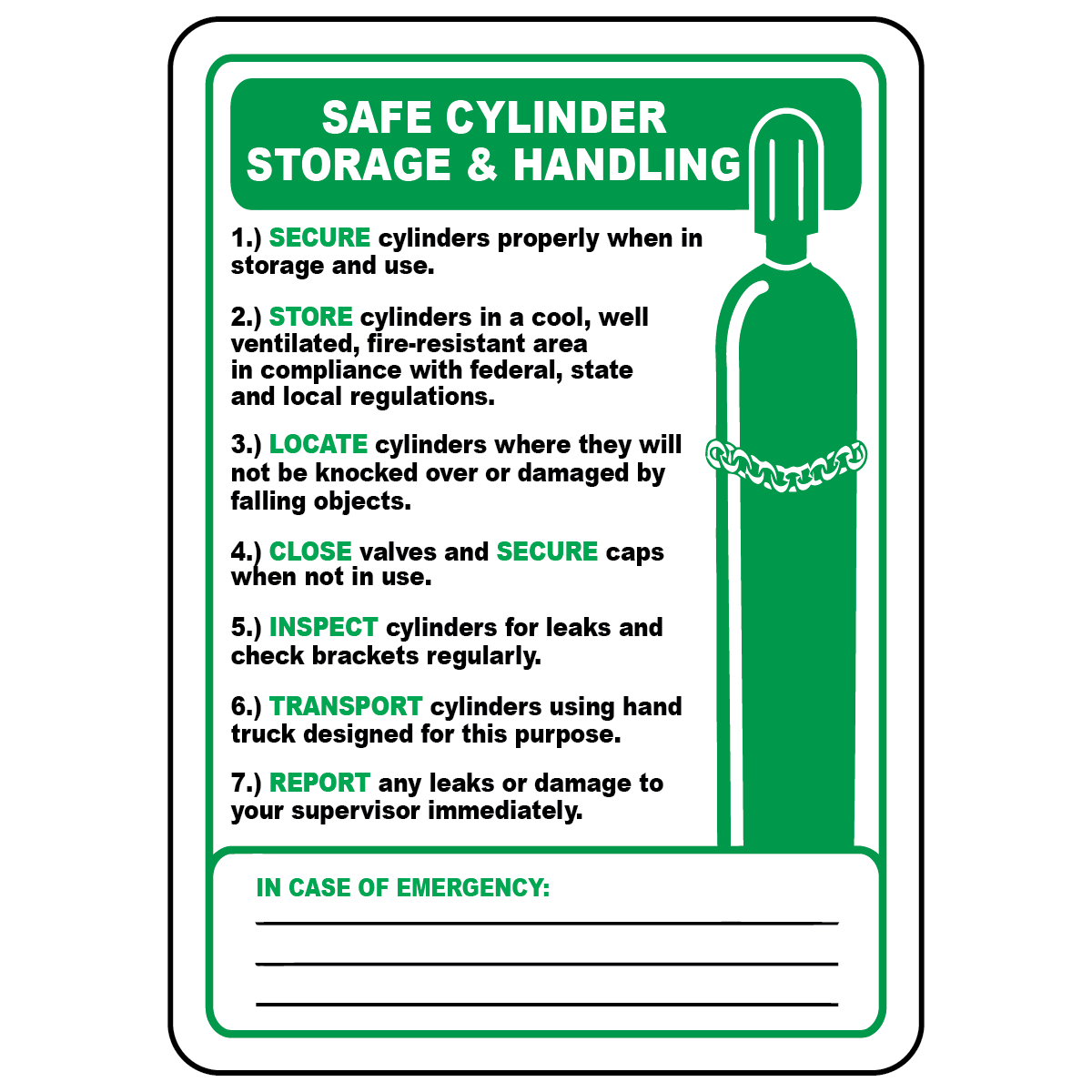 Cylinder storage and handling safety sign with secure cylinder symbols