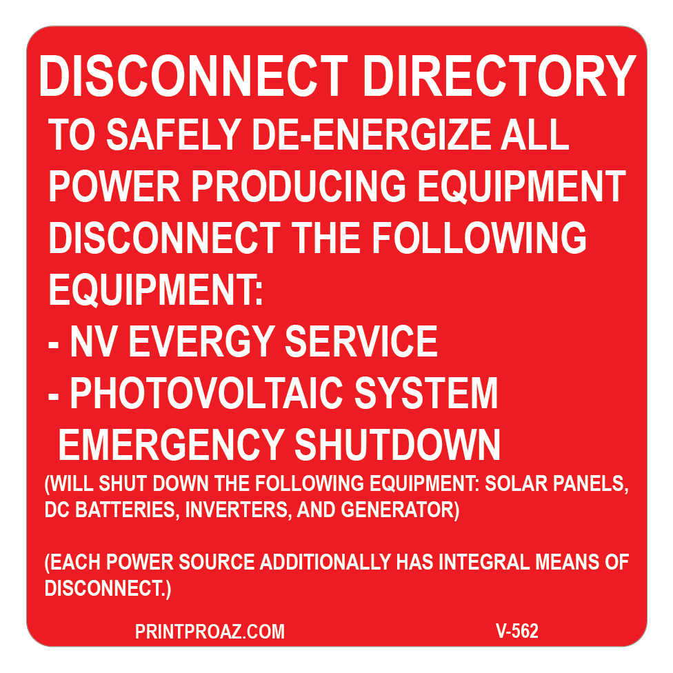 3x3 Disconnect Directory V-562 Decal Solar Labels