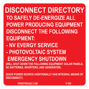 3x3 Disconnect Directory V-562 Decal Solar Labels