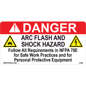 Danger Arc Flash and Shock Hazard, Vinyl Decal, V-386-387