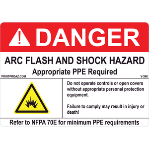 5x3.5 Danger Arc Flash and Shock Hazard, Vinyl Decal, V-396