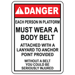 Danger sign requiring body belt and lanyard on elevated work platforms
