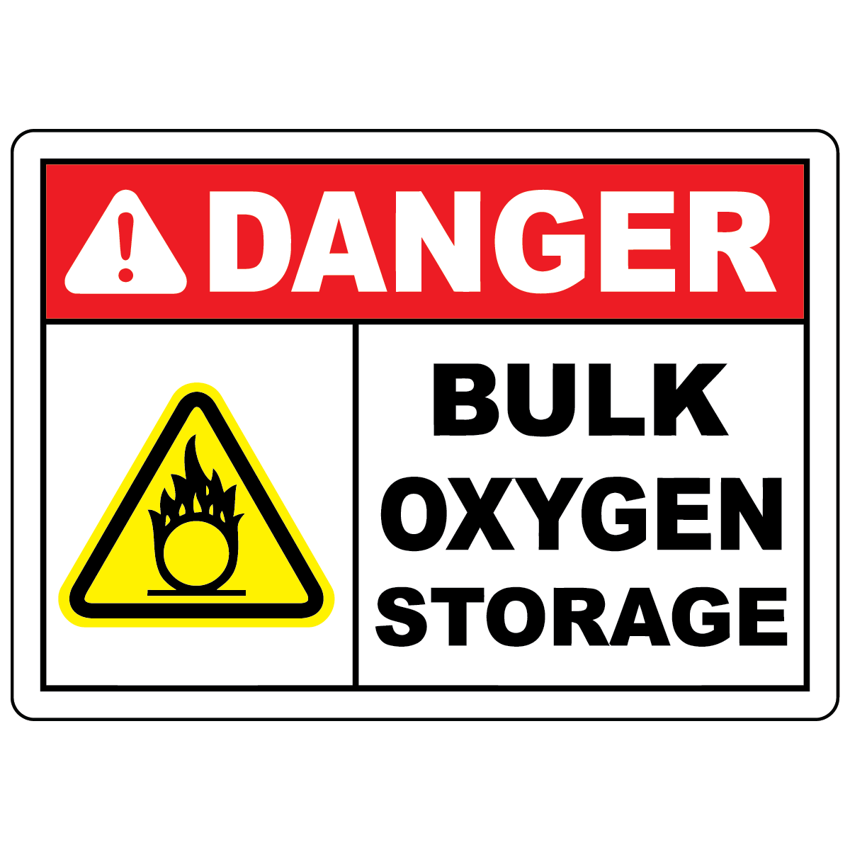 Danger bulk oxygen storage sign with oxidizer warning symbol for workplace safety