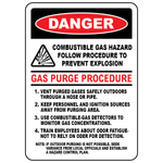 Danger combustible gas hazard sign with gas purge procedure reminder for workplace safety