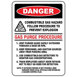 Danger combustible gas hazard sign with gas purge procedure reminder for workplace safety