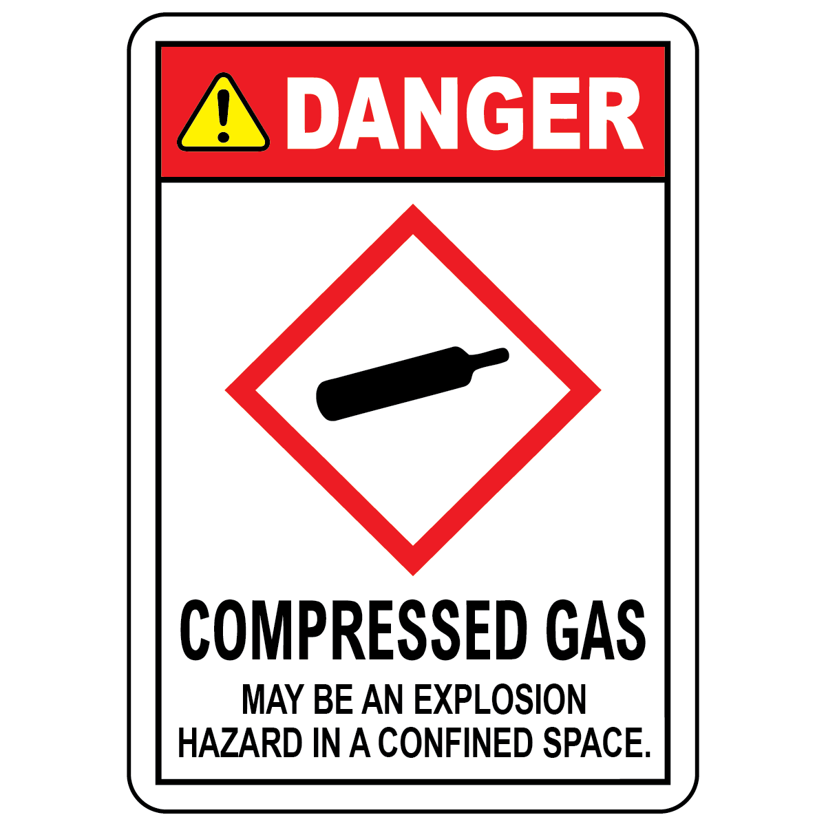 Danger compressed gas GHS sign with GHS04 symbol warning of explosion hazards in confined spaces