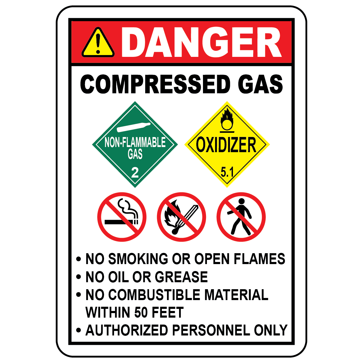 Danger compressed gas sign with DOT, no smoking, no open flames, and authorized personnel symbols