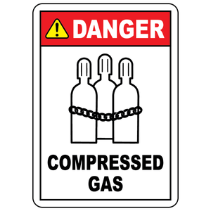 Danger compressed gas sign with cylinder symbol for identifying pressurized gas hazard areas