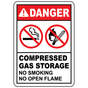 Danger compressed gas storage sign with no smoking and no open flames safety symbols