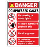 Danger compressed gases sign with warning, no smoking, no oil, and restricted access symbols