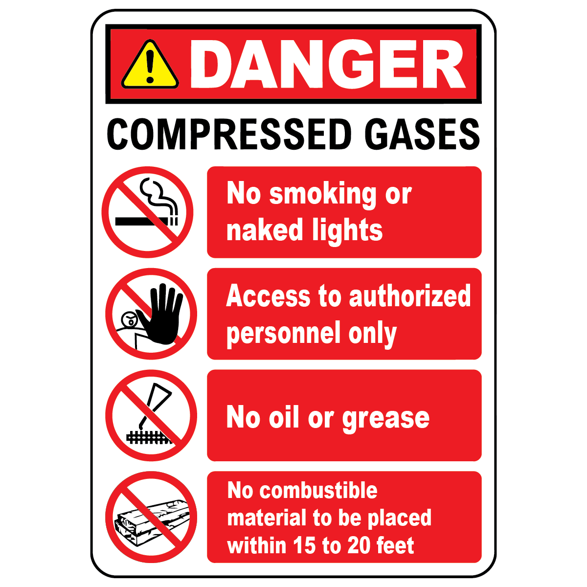 Danger compressed gases sign with warning, no smoking, no oil, and restricted access symbols